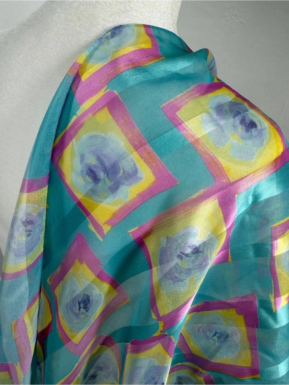 Sheer Rectangle Turquoise Floral and Square Print Silk Scarf